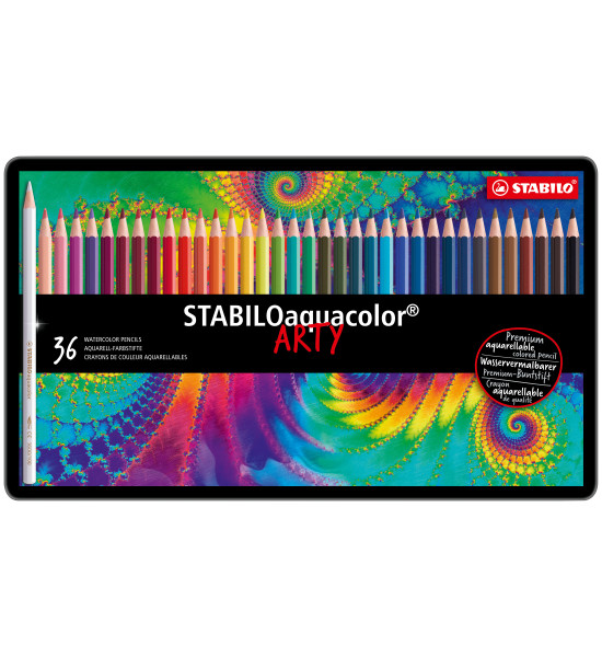 Lápices de Color Acuarelables, Largos, Aquacolor, Cuerpo Hexagonal, Mina 2.8 mm, Caja Metal x 36 Colores.